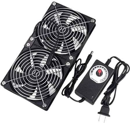 2 x 120mm Lüfter mit Drehzahlregler, 12cm PC Gehäuselüfter 3-12V Einstellbar, 30dBA Leise - Inkl. Netzteil & Metallgittern für Computer, Server, Schrank, Terrarium, Haustierbox & Gewächshaus Belüftung