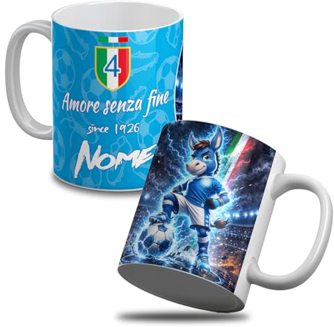 quickgadget Tazza in Ceramica Tifoso Napoli Azzurro con Mascot Asino Calcio, Personalizzabile con Nome, Idea Regalo Uomo Donna, Gadget Sport Colazione Casa Ufficio