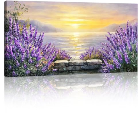 Paesaggi di Laghi e Montagne Dorati Quadri Moderni Con Cornice, Campi Lavanda Viola Stampe Da Parete Quadro Romantici Paesaggi al Tramonto Stampa Su Tela Decor per Soggiorno Camera Da Letto 50x100CM
