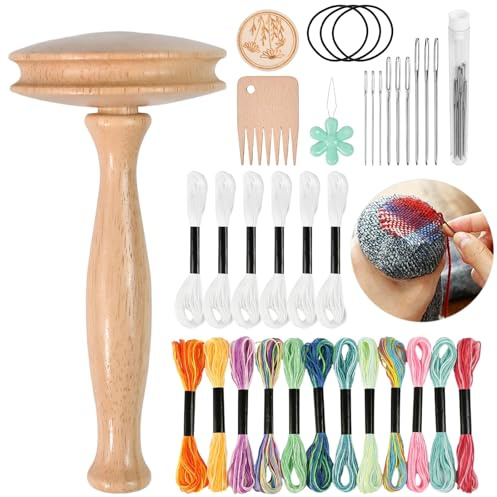 Stopfpilz Holz Pilzform Flicken Pilze mit 18 Nähnadeln und 9 Nadeln Holz | Stopfpilz Nadelfaden Set, Stickerei Zubehör, für DIY Handnähen, Stopfsocken, Kleidung, Zuhause