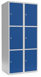 kaiserkraft | 3er-Schließfachschrank Fydor | 2 Abteile | lichtGrau/Enzianblau | B 800 mm | Flache Dachform | Zylinderschloss