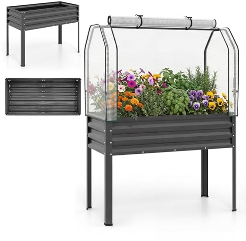 HOMASIS Jardiniere sur Pieds 142 L avec Bâche PE de Serre (Gris) | Potager Surélevé en Métal avec Porte Enroulable, pour Légumes Fleurs, Jardin, Balcon, 112x55x152cm, Peinture par poudrage
