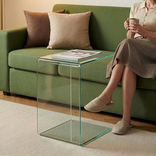 [en.casa] Beistelltisch Couch Trölmapilu Couchtisch Glas C-Form Tisch Wohnzimmer Glastisch quadratisch 60 x 40 x 40 cm Nachttisch Laptoptisch Transparent