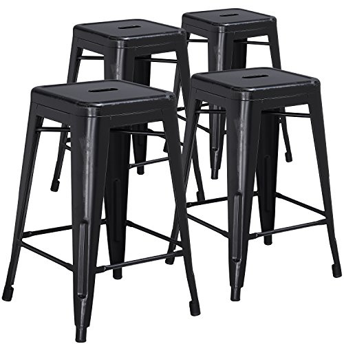 Flash Furniture Kai Hocker in handelsüblicher Qualität, 61 cm hoch, rückenfrei, Used-Look, Metall, für drinnen und draußen, Thekenhöhe, 4 Stück