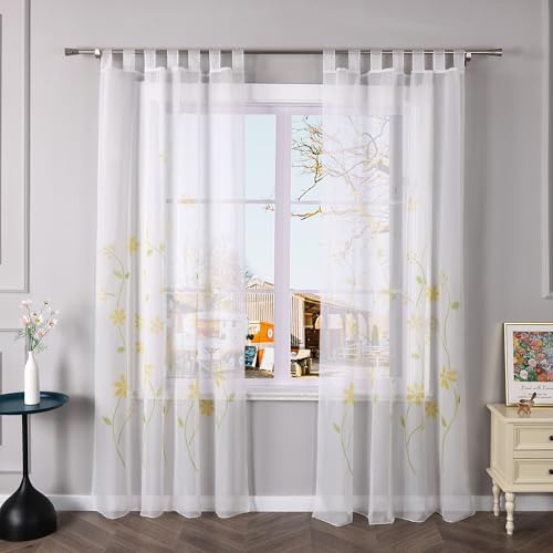 Yujiao Mao Voile Gardine mit Blumendruck Flowers farbenfrohe Vorhänge Schal mit Schlaufen 1er Pack Gelb BxH 150x225cm