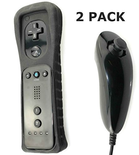 AMGGLOBAL® 2 x Nunchuck 2 x Remote Nunchuk Controller For Nintendo Wii Remote WII + FREE SILICONE COVER PINK BLACK BLUE WHIE RED Bundle (BLACK)