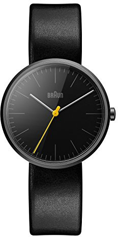 Braun Unisex Ceramic 3-Hand Analogue Quartz Watch, Black Dial and Black Leather Strap, 38mm Ceramic Case, Model BN0172BKBKL.