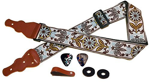 Art Tribute Gitarrengurt für Akustik-, E- und Bassgitarren, weiß, Vintage, gewebt, bestickt, verstellbarer Gurt, inklusive 2 Gurtschlössern und 2 Plektrumentasche