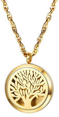 PROSTEEL 18k vergoldet Halskette für Männer Frauen Anhänger mit Kette Hohl Baum des Lebens Medaillon Ätherische Öle Diffusor Floating Locket Aromatherapie Zubehör 8 bunten Pads verfügbar(Gold)