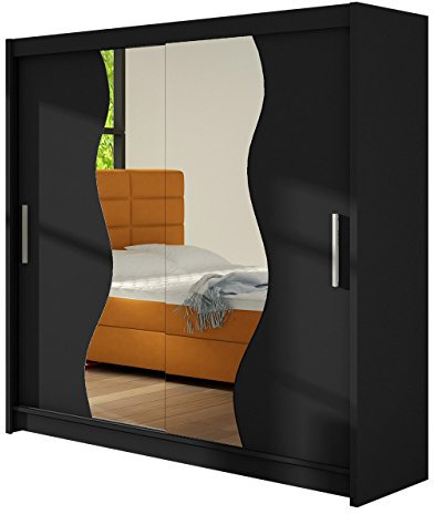 Kleiderschrank mit Spiegel Begas, Schwebetürenschrank, Schiebetürenschrank, Modernes Schlafzimmerschrank, Garderobe, Schlafzimmer (Schwarz)