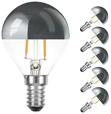 NCC-Licht 5 x LED Filament Tropfen 2W fast 25W E14 Kopfspiegel Silber Glühfaden extra warmweiß 2200K