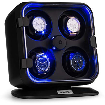 KLARSTEIN Clover - Caricatore per orologi, 4 orologi, 3 rotazioni, 4 velocità, luce LED blu, sportello trasparente in acrilico, resistente all'abrasione, plastica durevole, Nero