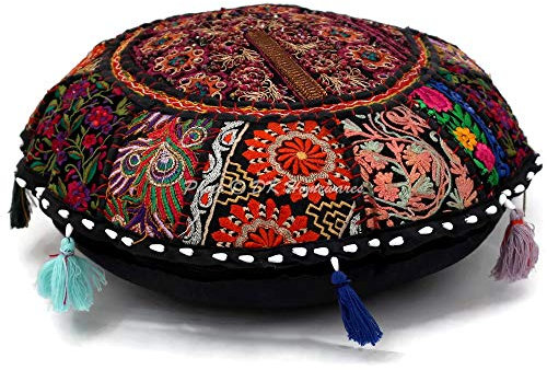 DK Homewares Ethnisch Baumwolle bodenkissen bezug abnehmbar 45x45 Runde Sitzkissen Bohemian Schwarz Patchwork Gestickt Wohnkultur Rund Vintage Orientalische Sitzkissen - 18x18 Inch