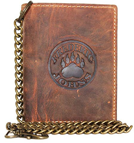 Frédéric&Johns ® - Portafoglio da uomo in vera pelle di vacchetta, con catena in metallo, porta carte e porta monete, alta qualità (Marrone)
