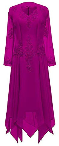 Gasa con Cuello en V para Vestidos de Novia con Manga Larga Rosa Fucsia 44