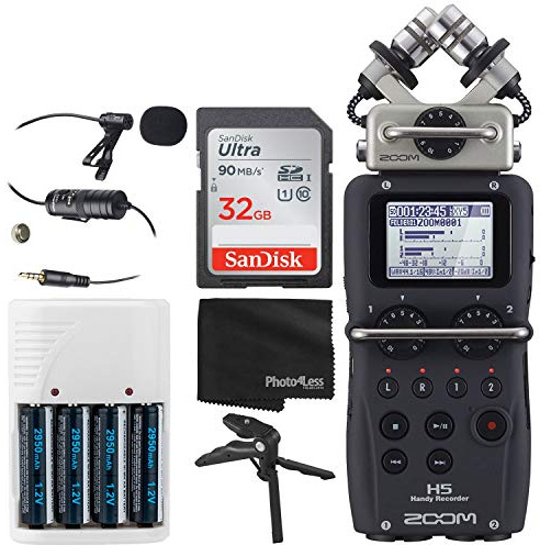Zoom H5 4-Input / 4-Track Portable Handy Recorder with Interchangeable X/Y Mic Capsule + 32GB Memory Card + Lavalier Condenser Microphone + 4 AA Batteries & Charger + Tabletop Tripod/Handgrip