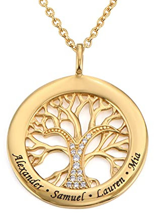 MYKA Collier Arbre de Vie avec Zircon Cubique en Argent 925 ou Plaqué Or - Personnalisé Gravé Sur Mesure Cadeau Pour Femme, Elle, Maman (Or Vermeil)