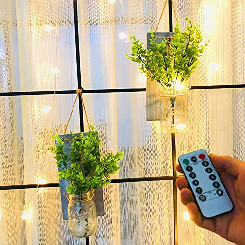Murale en Pot Mason Appliques Murales Rustiques avec Télécommande Minuterie LED Guirlandes Lumineuses Plantes Vertes D'intérieur Ferme Décoration (GrisPlanche-Vert Plantes)