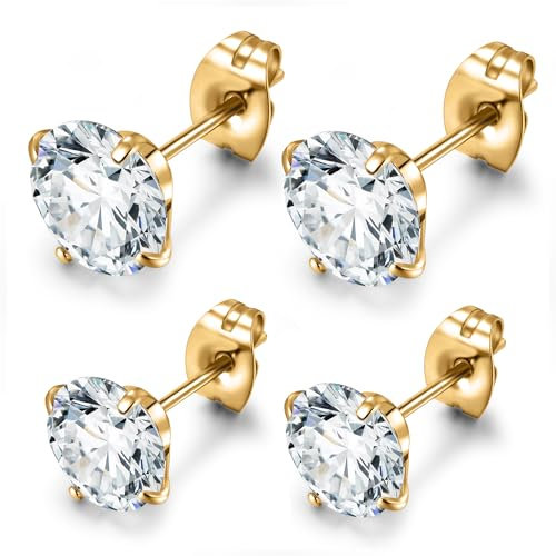 day.berlin Ohrstecker White in Gold 18k vergoldet, 4er Set Damen Ohrringe mit 6mm + 8mm Zirkonia Kristallen, 316L Premium Edelstahl, nickelfrei und wasserfest