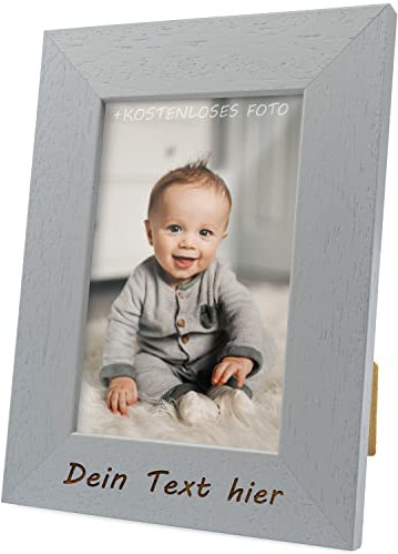 Chigabiga Bilderrahmen PERSONALISIERT mit deinem Text und Foto – Hergestellt aus Pinienholz – Wähle deine Farbe und Größe, füge deinen Text hinzu und lade dein Bild hoch. (10 x 15 cm, Grau)