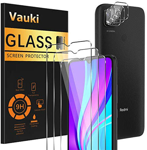 Vauki 3 pièces en verre trempé pour Xiaomi Redmi 10A/Redmi 9C/Redmi 9C NFC avec 3 caméras de protection, dureté 9H, anti-rayures, sans bulles, protection d'écran ultra HD pour Redmi 10A/9C 6.53