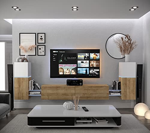 Furnitech Wohnwand Wohnzimmer | Hängend Wohnwand Modern | Wohnzimmer Schrankwand mit Regale und TV Schrank | Wohnzimmer Möbel ohne LED (AN104-21WDZ-HGM6-1A)