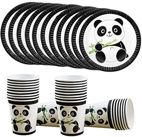 40 Pcs Black White Panda Party Supplies, Panda Disposable Tableware Set with Panda Plates Cups for Kids Baby Shower Birthday Decorations, serves 20 guest