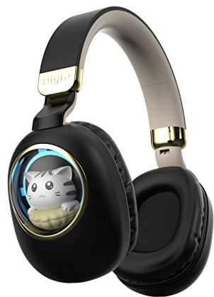 Kids Bluetooth Headphones - Light Up Cat Over Ear Kids Wireless Noise Cancelling Headphones with Microphone for Kids for School Gaming Headset Headphones for IPad Kindle Tablet PC Travel (Black Gold)