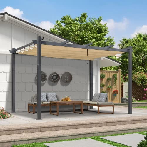 PURPLE LEAF 2.7 x 4 m Lean-to Pergola with Retractable Roof, Wall Mounted Aluminium Garden Pergola Gazebo, Patio & Outdoor Shelter for Garden, Terrace & Decking, Beige