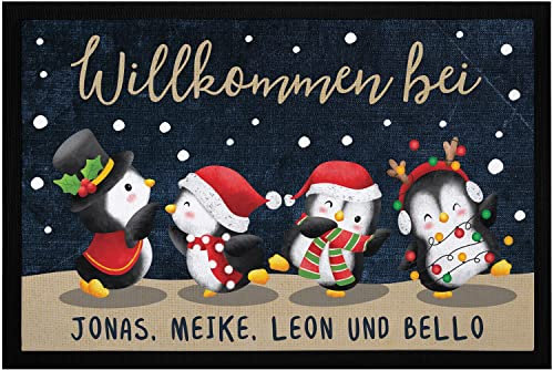 SpecialMe® Fußmatte Winter Pinguine mit Namen personalisiert Weihnachten Schnee Familie rutschfest & waschbar schwarz 60x40cm