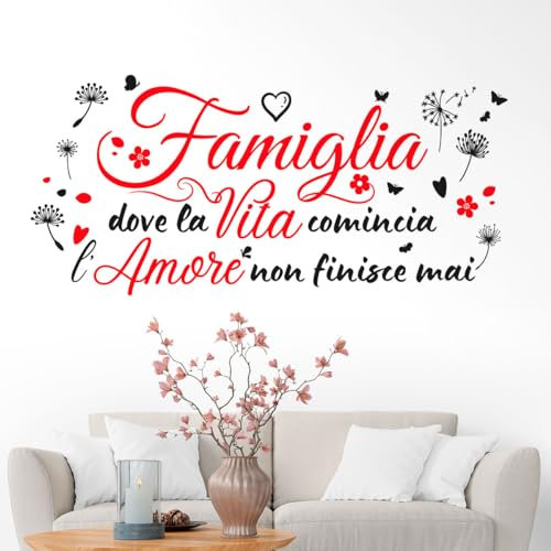 Gigio Store adesivi murali con frasi Famiglia Amore in italiano decorazioni per pareti cucina soggiorno camera letto bambini Sticker Vinile Nero Rosso farfalle tarassaco dente di leone