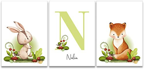 Lot de 3 posters animaux de la forêt prénom personnalisable. Lot d'affiches papier thème animaux de la forêt à personnaliser. Poster personnalisable décoration murale chambre enfant.