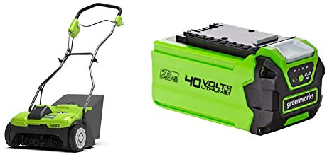 Greenworks G40DT35 Cordless Lawn Rake Moss Scarifier and Dethatcher, 3600rpm, 36cm Working Width, 4 Depths, 30L Collection Box Without 40V Battery & Charger, 3 Year Guarantee & Battery G40B2