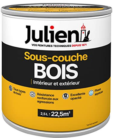 Julien Peinture Sous-Couche - Bois Intérieur et Extérieur - Portes, Volets, Fenêtres - Blanc Mat 2,5L