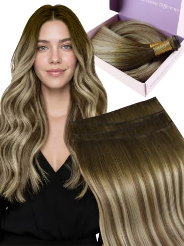 Fshine Weft Extensiones Echthaar Dunklbraun und Hellblond 40 cm 50 g | Genius Tressen Echthaar, ohne kurze Rückhaare, frei zuschneidbare Basis, geringe Aufbauhöhe, für feines Haar