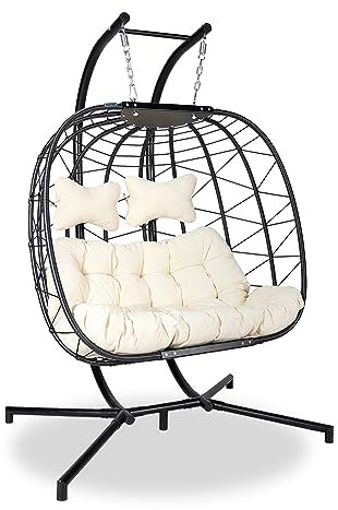 Hängesessel mit Gestell - Für 2 Person - Hängestuhl Indoor & Outdoor + wetterbeständiges Polster - Sessel für Garten + Balkon + Terrasse + Wintergarten - XXL Schwebesessel