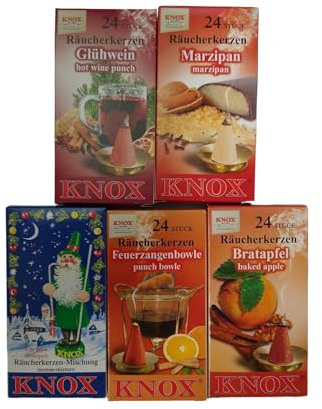 Knox XL Sparpack 5 Päckchen Räucherkerzen Marzipan+ Glühwein+Weihnachts-Mischung+Feuerzangenbowle +Bratapfel 'Größe M'