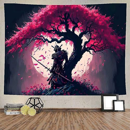 Ine Ive Tapisserie samouraï japonaise pour chambre à coucher, esthétique, pleine lune, cerisier, arbre en fleurs, guerrier, décoration murale asiatique orientale, 203 x 152,4 cm, art japonais pour