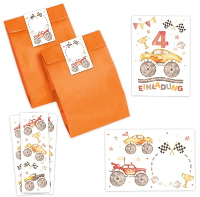 Minkocards 12 Einladungskarten zum 4. Kindergeburtstag Jungen Monster-Truck Auto Einladungen zum vierten Geburtstag incl. 12 Umschläge, 12 Partytüten/orange, 12 Aufkleber, 12 Lesezeichen