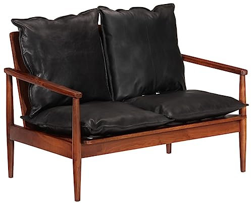 KOIECETA Sofa 2-Sitzer Leder Akazie Polstersofa Polsterbank Sofabank Sessel (Schwarz und Braun)