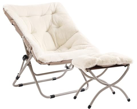 SESHINELL Comfy Saucer Chair with Ottoman, Oversized Foldable Faux Fur Lounge Chair Set Reading Chair with Metal Frame Moon Lazy Chair Accent Chair for Bedroom, Living Room, Dorm Rooms, Beige