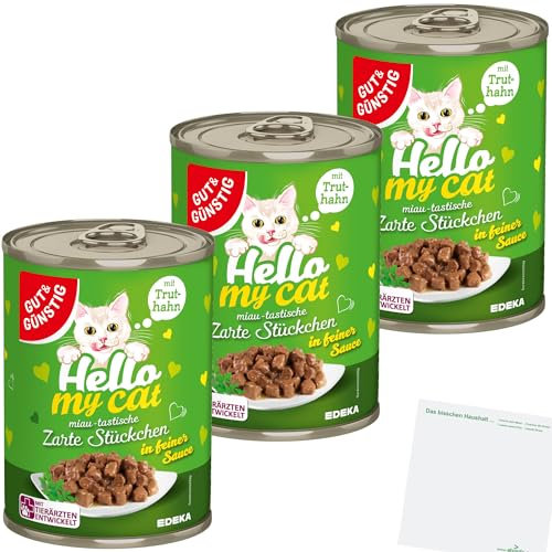 Gut&Günstig Hello my Cat Zarte Stücke mit Truthahn in feiner Sauce 3er Pack (3x415g Dose) + usy Block