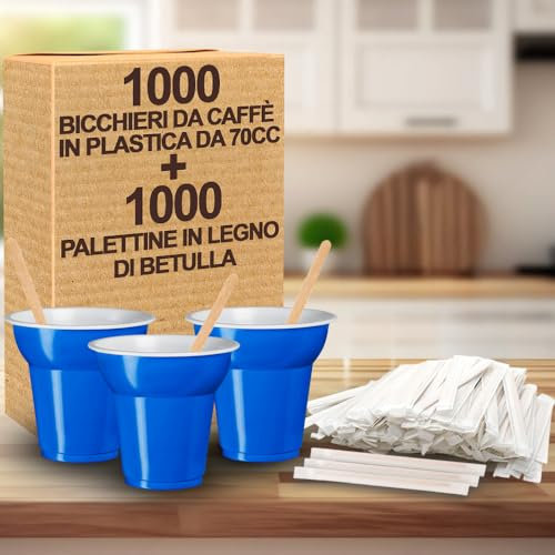 GM KIT 1000 Bicchieri in Plastica Blu da Caffè da 70 ML + 1000 Palettina da Caffe' in Legno di Betulla imbustate singolarmente