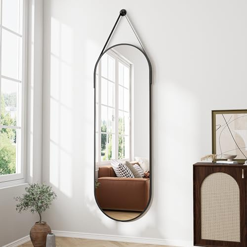 ZMYCZ Full Length Mirror, Oval Wall Mounted Mirror, 48x16 Door Mirrors Full Length with Hanging Leather Strap with Aluminum Frame for Bathroom Living Room Entryway (Black)
