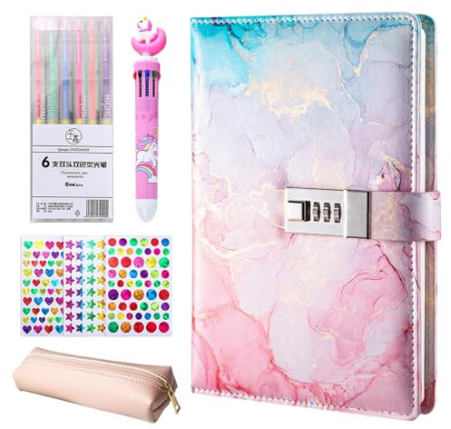 Brinny Tagebuch mit Schloss für Mädchen, Notizbuch passwortgeschützte Journale, liniertes Privates Tagebucher hardcover A5 mit 3er Aufklebern & 6er Textmarker & 10-in-1 Kugelschreiber & Federmäppchen