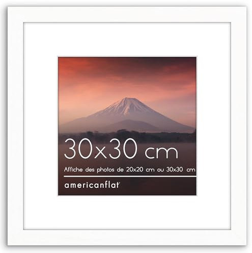 Americanflat 30x30 cm Bilderrahmen aus MDF-Holz mit 20x20 cm Passepartout - quadratischer Fotorahmen - mit integrierter Aufhängung für Wandmontage - Weiß