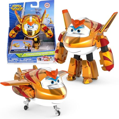 Super Wings Transforming Golden Boy, ca. 12.7 cm große verwandelbare Spiel-Figur, Spielzeug-Flugzeug und Roboterfigur für 3+ Jahre Alten Jungen Mädchen, Goldene, Gold