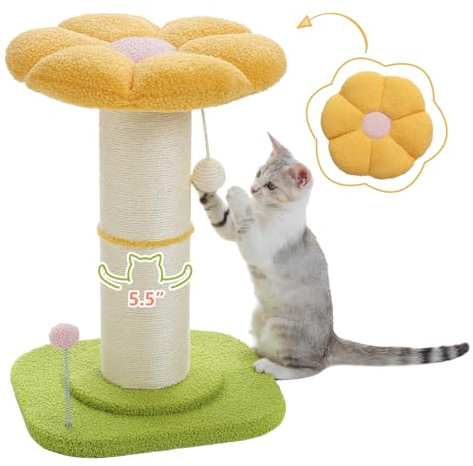 PAWZ Road Blume Katzenkratzbaum, hoher Katzenkratzbaum für Indoor-Katzen mit super dickem Kratzbaum [Dia=14cm], Abnehmbares Flauschiges Katzenbett, Katzenkratzbaum mit Federball, Gelb