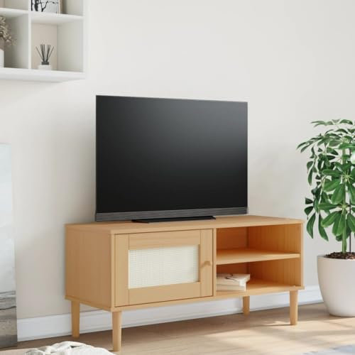 Homgoday SENJA Meuble TV aspect rotin marron 106 x 40 x 49 x 49 massif, meuble TV salon, table basse pour TV de salon industriel, support TV