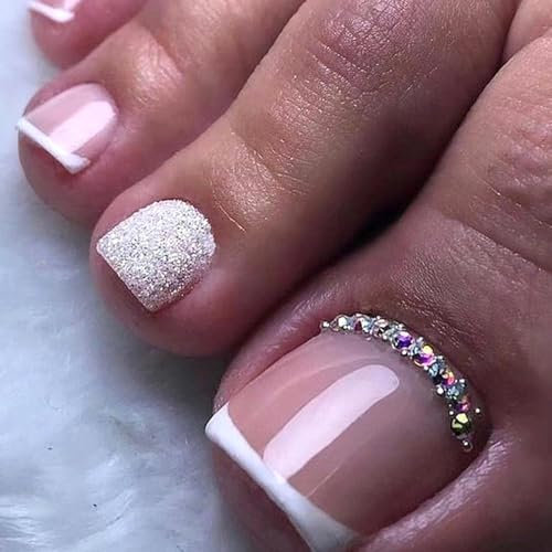 Hebterrka Sommer Fußnägel Press-On French Tip Silber Glitzer Strass Künstliche Fußnägel Glänzend Kurz Quadrat Acryl Nägel Wiederverwendbare Vollabdeckung